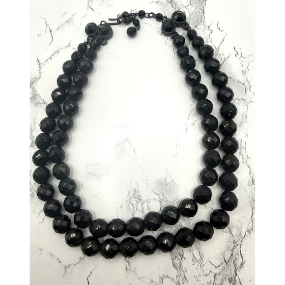 Source Unknown Jewelry - Vintage Black Faceted Glass Double Strand Necklace 32–35" 11.4mm